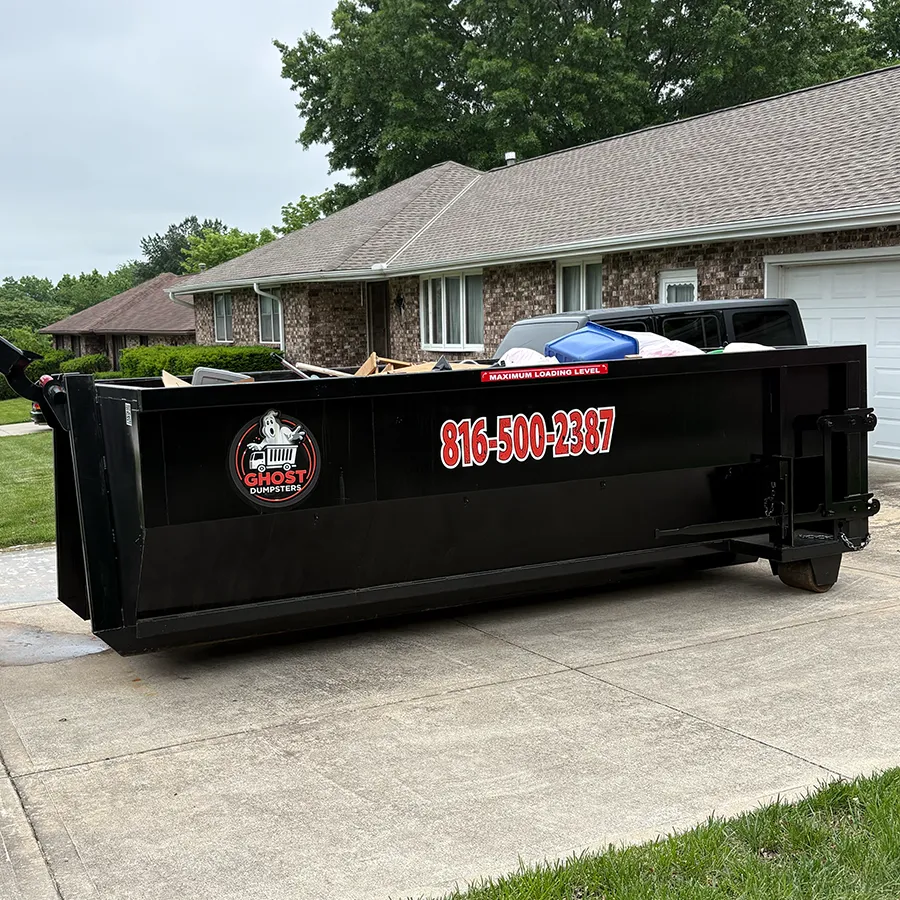 Dumpster Rentals Without the Guesswork Ghost Dumpsters roll off dumpster delivered to a Kansas City driveway